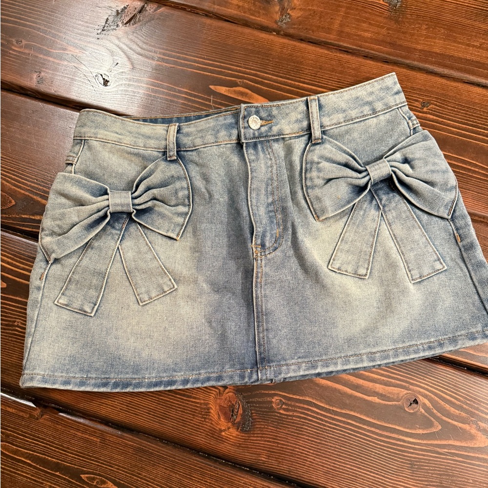 Denim Mini Skirt with Bow Accents